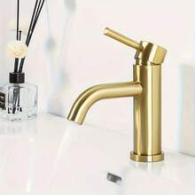 1 件金色不锈钢冷热水龙头 - 单把手浴室水槽混合水龙头，适用于家庭和梳妆台，节水设计，包含安装硬件，拉丝金属饰面，豪华洗脸盆水龙头 | 优雅的水龙头款式 | 不锈钢水龙头