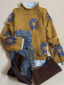 秋冬时尚休闲舒适保暖杏色花朵图案针织高领长袖宽松毛衣套头衫