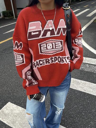 Suéter de cuello redondo de manga larga con diseño de letras y números de moda casual para mujer de talla grande en otoño e invierno