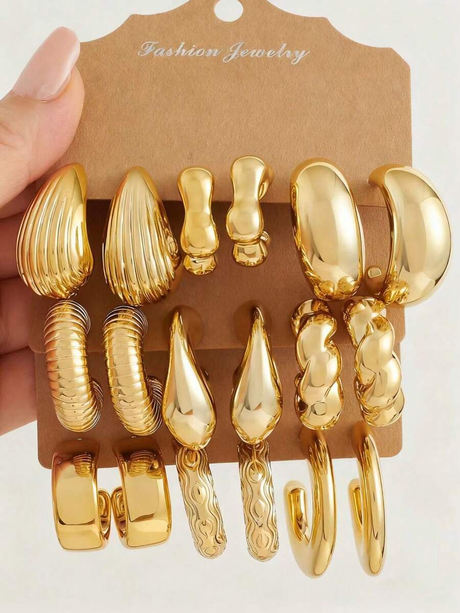 6-18pcs Gold-Tone New Resin & CCB Exaggerated C-Shape Water Drop Earrings Fashion Jewelry Set