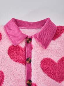 Sweet & Fashionable Girls Pink Faux Leather Jacket Set, Heart Collar Cardigan Paired With Wide Leg Pants, Warm & Comfortable Fabric, Suitable For School, Vacation, Valentine's Day, Travel, Outdoor Wear In Autumn/Winter