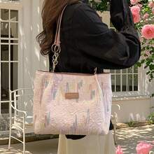 Womens Canvas Tote Bag Zipper Closure Stylish Embroidered Large Capacity Shoulder Bag - Pink - View 6