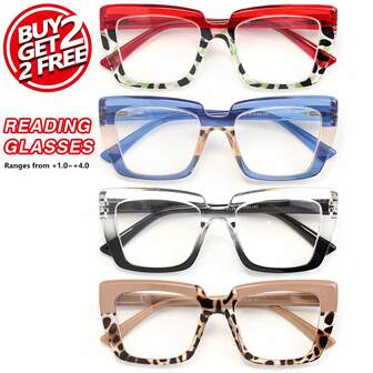 Set de 4 piezas/3 piezas/2 piezas de gafas de lectura con marco grande de moda, lectores con bisagras de resorte cómodas, colores únicos para combinar con tus atuendos diarios