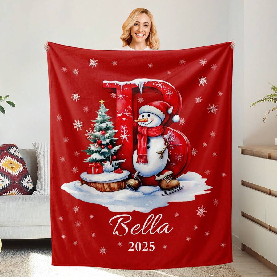 Custom Christmas Blanket With Name, Personalized Christmas Throw Blanket, Xmas Monogrammed Blankets For Him Her, Stocking Stuffers For Women Men, Cozy Winter Holiday Blankets For Couch, Winter Throw Blanket With Snowman Reindeer - Nhiều màu - Xem 1