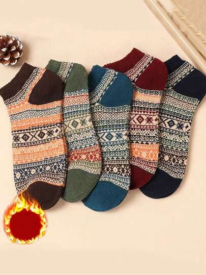 5 双复古风格休闲短袜，舒适时尚图案短袜，适合春秋季节