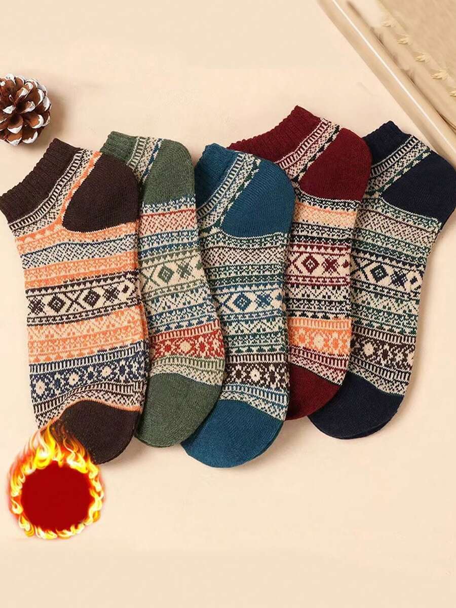 5 Pairs Vintage Style Casual Ankle Socks, Comfortable & Fashionable Pattern Short Socks, Suitable For Spring And Autumn - Multicolor - View 1