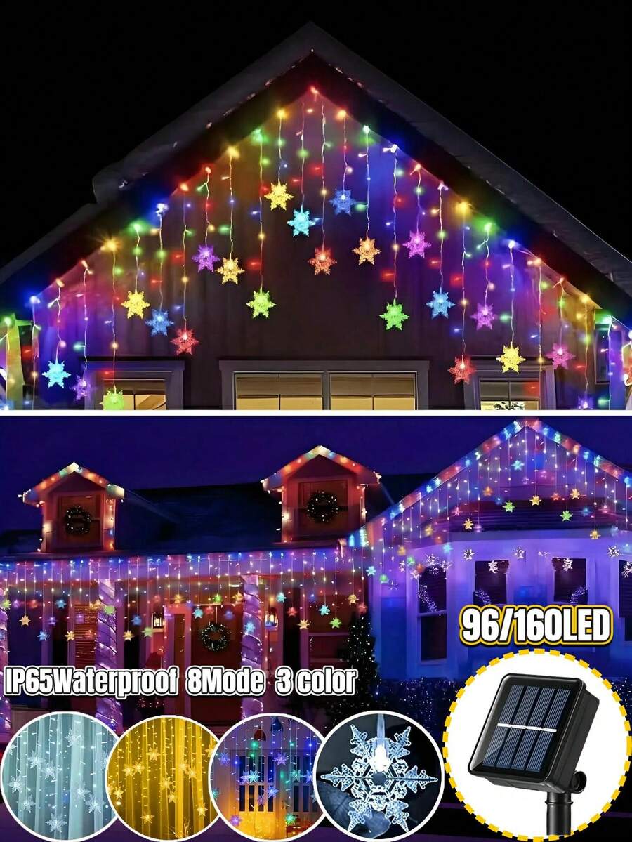 1PC 3.5M/7M Solar Snowflake Ice Column Light String -96/160LED, 8 Modes, IP65 Waterproof, Suitable For Christmas Trees, Houses, Families, Birthdays, New Year's, Walls, Windows, Halloween Parties, Weddings, Camping, Christmas Decoration