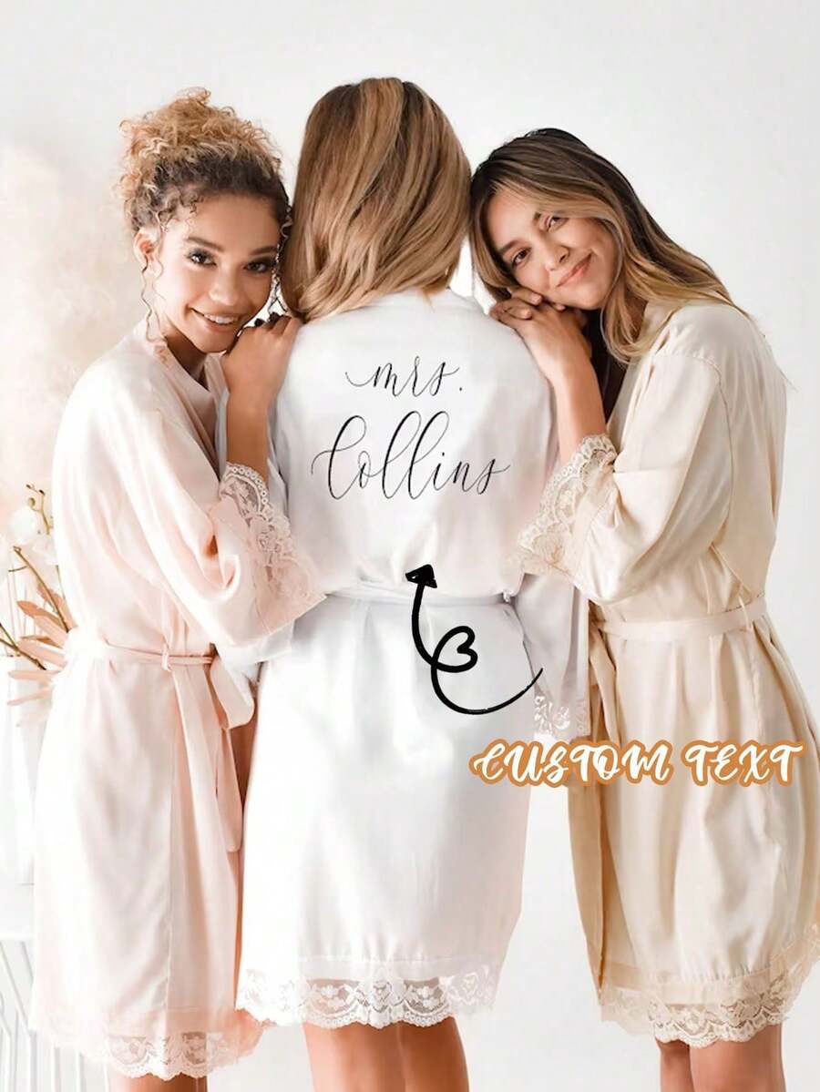 Customized Satin Bride Robe, Half Sleeve Design, Can Customize Bride's Name And Date, Bridesmaid Customized Wedding Robe, Personalized Satin Robe, Customized Bride Robe, Bridesmaid Preparation Robe, Wedding Party Robe, Lace Trim Robe, Customized Name Robe, Bride Robe Gift, Bridal Shower Gift, Silky Loungewear, Matching Bridesmaid Robe, Wedding Party Silky Loungewear Gift, Preparation Robe - Multicolor - View 1