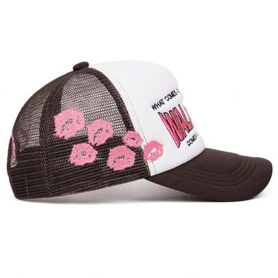 1pc Fashion Letter & Lip Embroidery Sponge Baseball Cap, Unisex Outdoor Sports Event Mesh Trucker Hat, Casual All-Match Cap