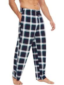 Mens Pajama Pants - Viscose Made From Bamboo, Soft Sleep Pants Comfy Drawstring Lounge Bottom With Pockets Sweatpantshalloween - Navy & Green Plaid - View 1