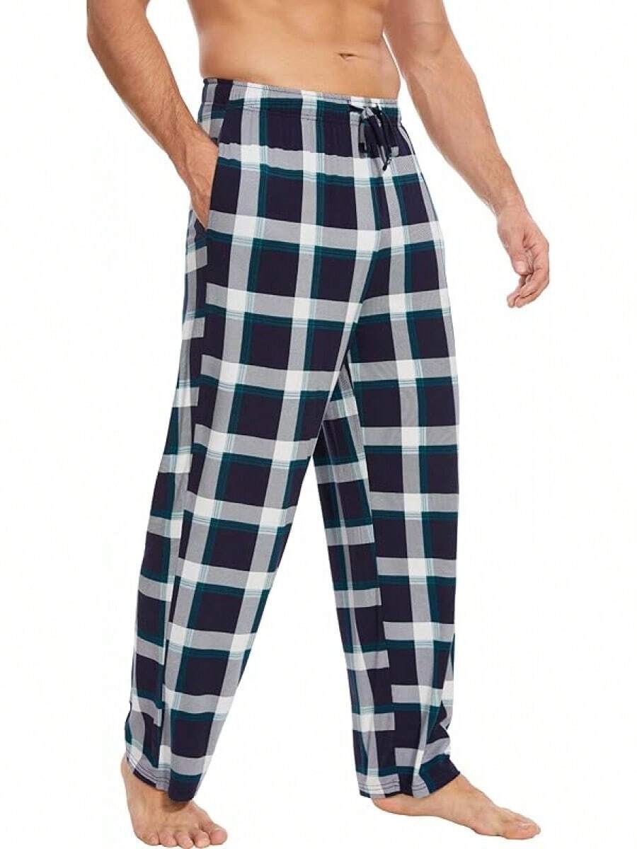 Mens Pajama Pants - Viscose Made From Bamboo, Soft Sleep Pants Comfy Drawstring Lounge Bottom With Pockets Sweatpantshalloween - Navy & Green Plaid - View 1
