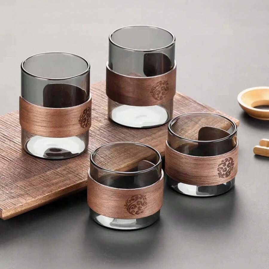 Taza de té de vidrio grueso con anillo de madera, resistente al calor taza de agua, taza principal, taza de café de vidrio para el hogar - 1 pieza de 150 ml - Ver 1