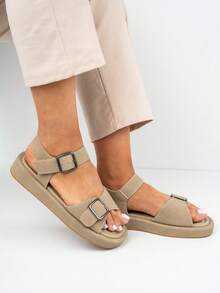 Sandale plate casual pentru femei cu baretă reglabilă cu cataramă - Kaki - Vizualizare 4