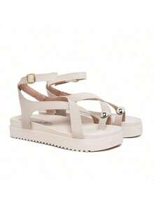 Sandals With Cross Straps, Summer Flat Sandals, Toe Decoration - Beis - Ver 2