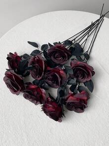20/10/6pcs Set Artificial Black Rose Flowers, Long Stem, Suitable For Home, Wedding, Party, Halloween, Gothic Dark Style Decor, Outdoor Photography Props, Artificial Flowers, Dark Style Decor, Artificial Rose Bouquet - Multicolor - View 2
