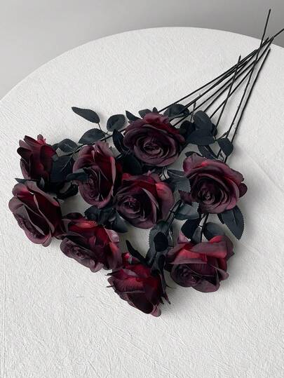 20/10/6pcs Artificial Black Flowers Rose Fake Silk Flowers With Long Stem Family Wedding Party Halloween Goth Dark Department Decoration Outdoor Photo Props Simulation Flower Dark Decoration Simulation Rose Bouquet