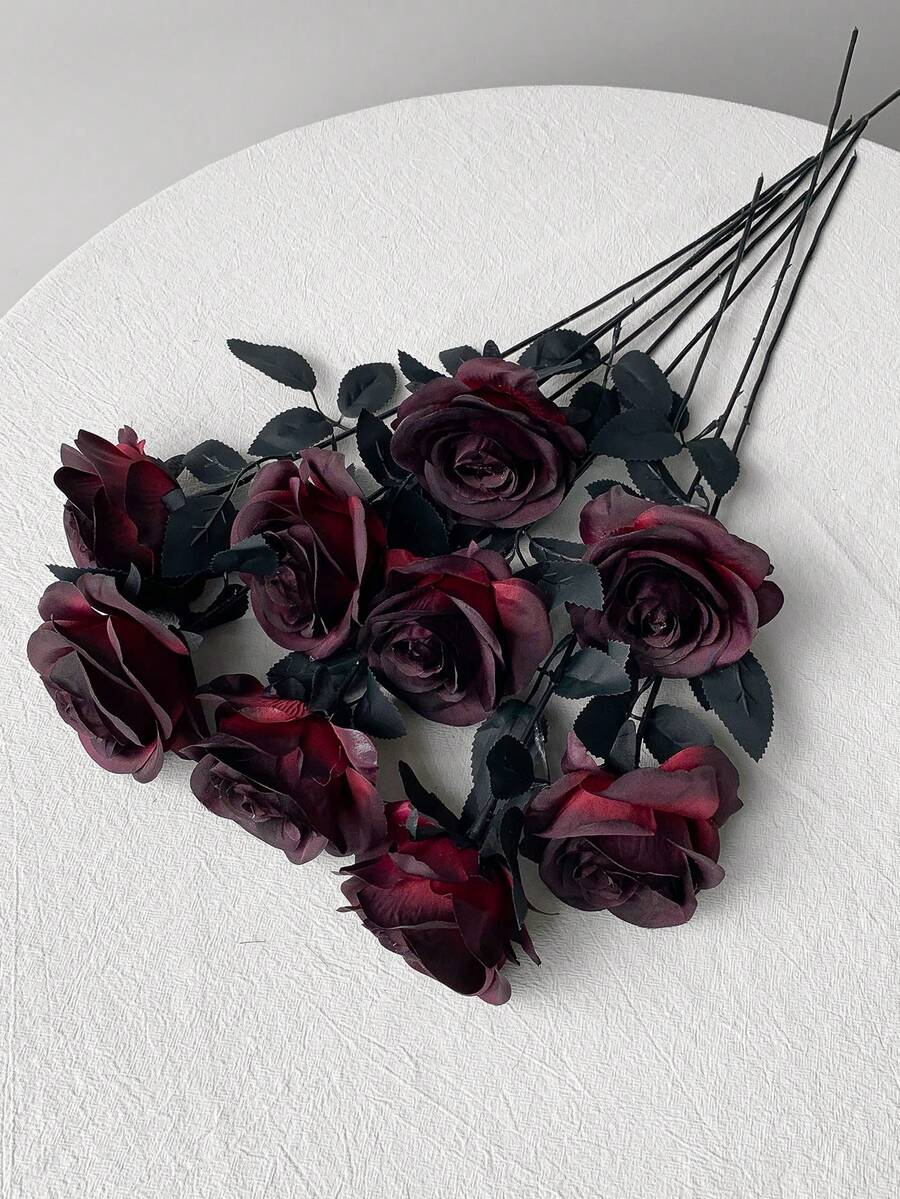 20/10/6pcs Set Artificial Black Rose Flowers, Long Stem, Suitable For Home, Wedding, Party, Halloween, Gothic Dark Style Decor, Outdoor Photography Props, Artificial Flowers, Dark Style Decor, Artificial Rose Bouquet