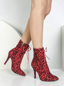 Women's Fashion Pointed Toe High Heel Boots, Slim High Heel Mid-Calf Boots With Side Zipper, Lace-Up Boots In Leopard Velvet With Super Soft Lining, 1 Solid Color Elegant Lace-Up Ankle Boots And Mid-Calf Boots For Wedding Party Outdoor Autumn/Winter - Leopard Red - View 4