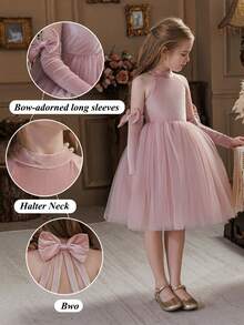 Young Girl Pink Velvet Bow Patchwork Elegant Christmas Party Dress, Princess Dress Suitable For Girls Birthday Party, Prom, Wedding Flower Girl, Thanksgiving, Graduation - 藕粉色 - 查看 4