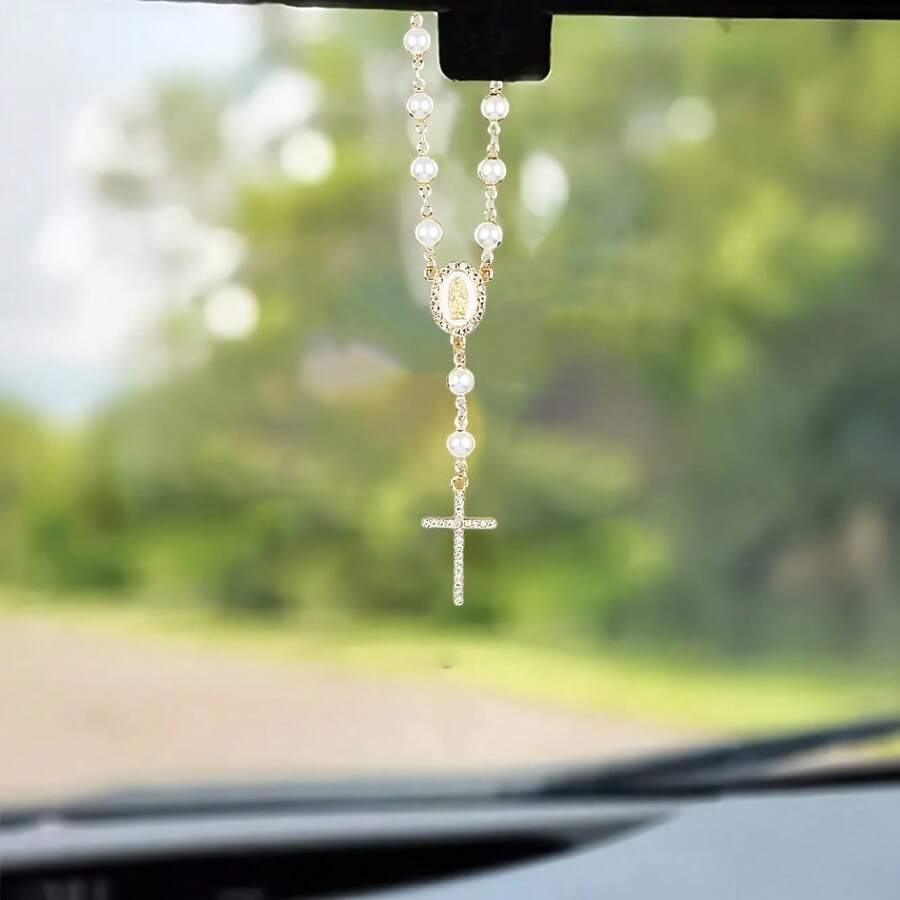 1 Pieza Colgante de Rosario de Cruz de Perlas Falsas para Espejo Retrovisor | Religioso Cristiano para Interior de Automóvil | Encanto de Cruz con Cuentas de Perlas Falsas Brillantes | Decoración de Espejo Retrovisor de Automóvil | Mejor Regalo para Mujeres, Madres, Mejores Amigas, Amigos y Compañeros de Trabajo | Perfecto para Cumpleaños, Navidad, Día de San Valentín - Multicolor - Ver 1