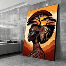African-Inspired Abstract Canvas Wall Art - Frameless Portrait Of African Woman, Vibrant Sunset Landscape, Jewelry, Decorative Poster For Living Room, Bedroom - No Electricity Needed, White