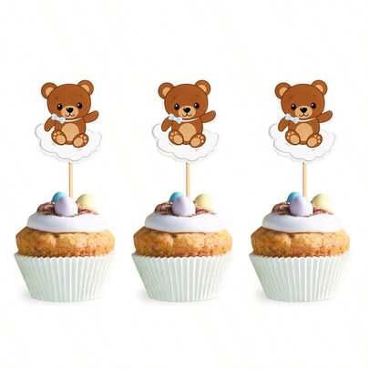 12pcs Bear Happy Birthday Cupcake Toppers, Bear Themed Animal Party Cake Picks, Kids Baby Shower Birthday Cake Decorations