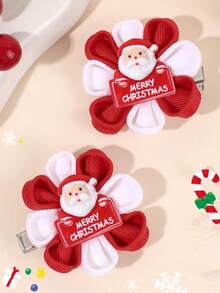 2pcs Girls Christmas Flower Hair Clips, Cartoon Christmas Tree & Bell & Santa Claus Accessory Decor Flower Clips, Classic Christmas Color Satin Ribbon Flower Hair Clips, Cute Festive Hair Accessories For Toddlers/Kids, Perfect For Christmas Parties, Holiday Gatherings, Winter Outfits & Family Photos, Adorable Xmas-Style Flower Hair Ornaments