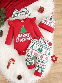 BrownBark 4pcs/Set Baby Girls Christmas Autumn Outfit, Round Neck Christmas Letter Print Long Sleeve Top + Pants + Headband + Hat, Versatile Daily Wear Set