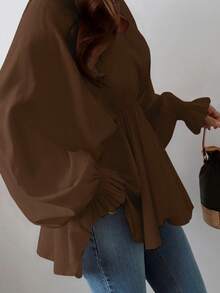 Áo kiểu nữ cỡ lớn cổ chữ V dáng suông, thắt eo dây rút, chất liệu nhẹ thoáng khí, tay phồng dài, thích hợp mặc đi làm/mặc hàng ngày, mùa xuân/hè. - Cà phê nâu - Xem 4