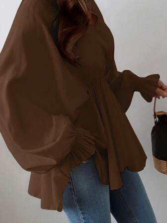 大码女式休闲V领抽绳腰不对称上衣，轻盈透气面料，休闲灯笼袖长袖衬衫，适合通勤/日常穿着，春夏款