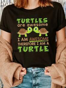 100% single-sided pure cotton, autumn and winter women's T-shirt, casual and fashionable, moisture wicking, printed with cute turtle print, machine washable, Y2K millennium style cotton T-shirt, graphic round neck, comfortable fabric, fashionable design for sports occasions - Negro - Ver 1