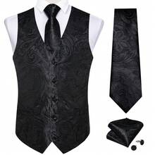 Mens Waistcoat Black Floral Paisley Vest Tie Handkerchief Cufflinks Set Tuxedo Gilet Wedding Formal Casual - 黑色 - 查看 5