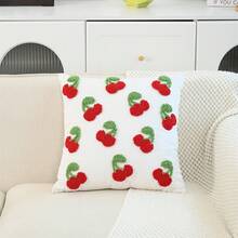 Funda de cojín adorable con bordado de cerezas rojas y verdes, ideal para sofá o sillón. - Blanco - Ver 1