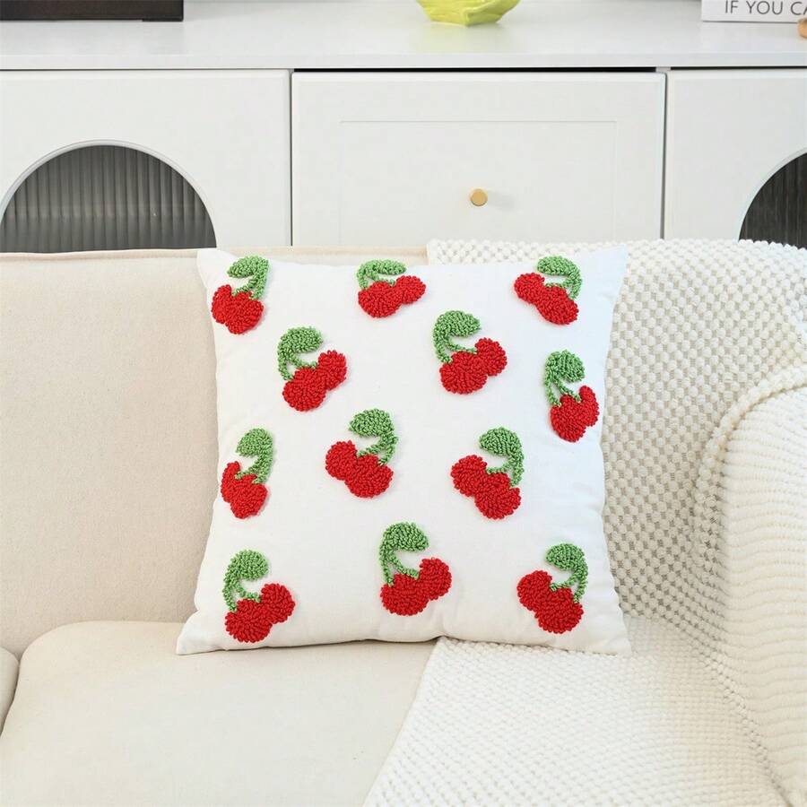 Funda de cojín adorable con bordado de cerezas rojas y verdes, ideal para sofá o sillón. - Blanco - Ver 1