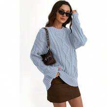 2025  Women's Oversized Cable Knit Crewneck Sweaters - 淡藍色 - 查看 5