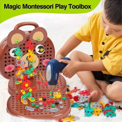 Kids Educational Screw Tightening Simulation DIY Nut Multi-Functional Assembly Building Block Tool Box, Suitable For Indoor/Outdoor Travel Games, Ages 3-12, Interactive Toys For Boys And Girls, Random Accessories, Colors And Stickers