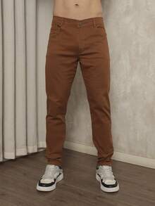 Men's Slim Fit Dress Twill Pants With Built-In Pockets And Lycra - Brown - View 1