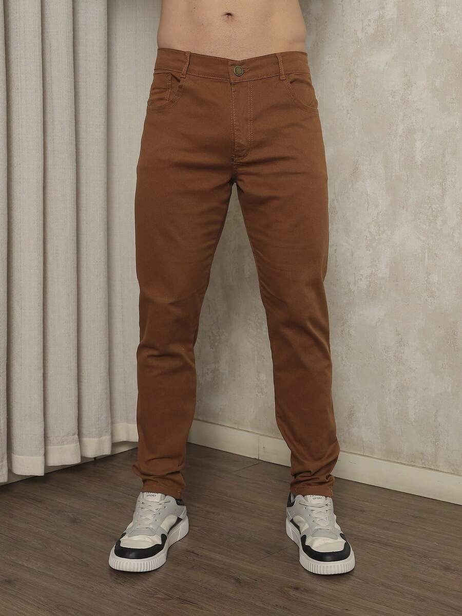 Men's Slim Fit Dress Twill Pants With Built-In Pockets And Lycra - Brown - View 1