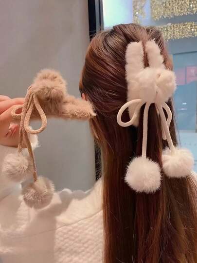 1pc Fluffy Bow Tassel Claw Clip Pompom Hair Clip, Cute Furry Shark Hair Accessory For Autumn/Winter Winter Hair Clutch