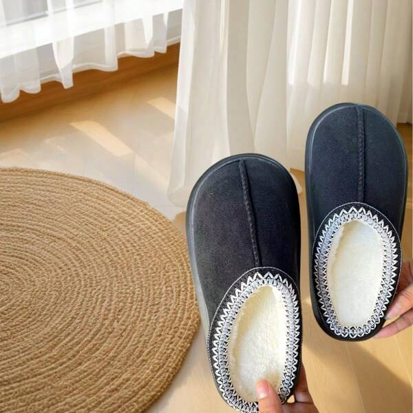 Women's Lace Trim Retro Indoor Soft Bottom Non-Slip Fashion Slippers, Warm & Breathable Couple Slippers