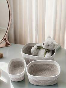 1pc Minimalist Woven Storage Basket, Suitable For Storing Cosmetics, Desktop Items, Living Room, Bedroom, Multi-Color Woven Basket For Storing Miscellaneous Items, Stationery, Toiletries, Towels, Can Also Be Used As A Bathroom Storage Box - Grey - View 8