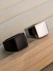 1pc Minimalist Business Style Metal Polished Square Wide Band Fashion Men's Stainless Steel Ring Hip Hop Accessory - Square - View 1