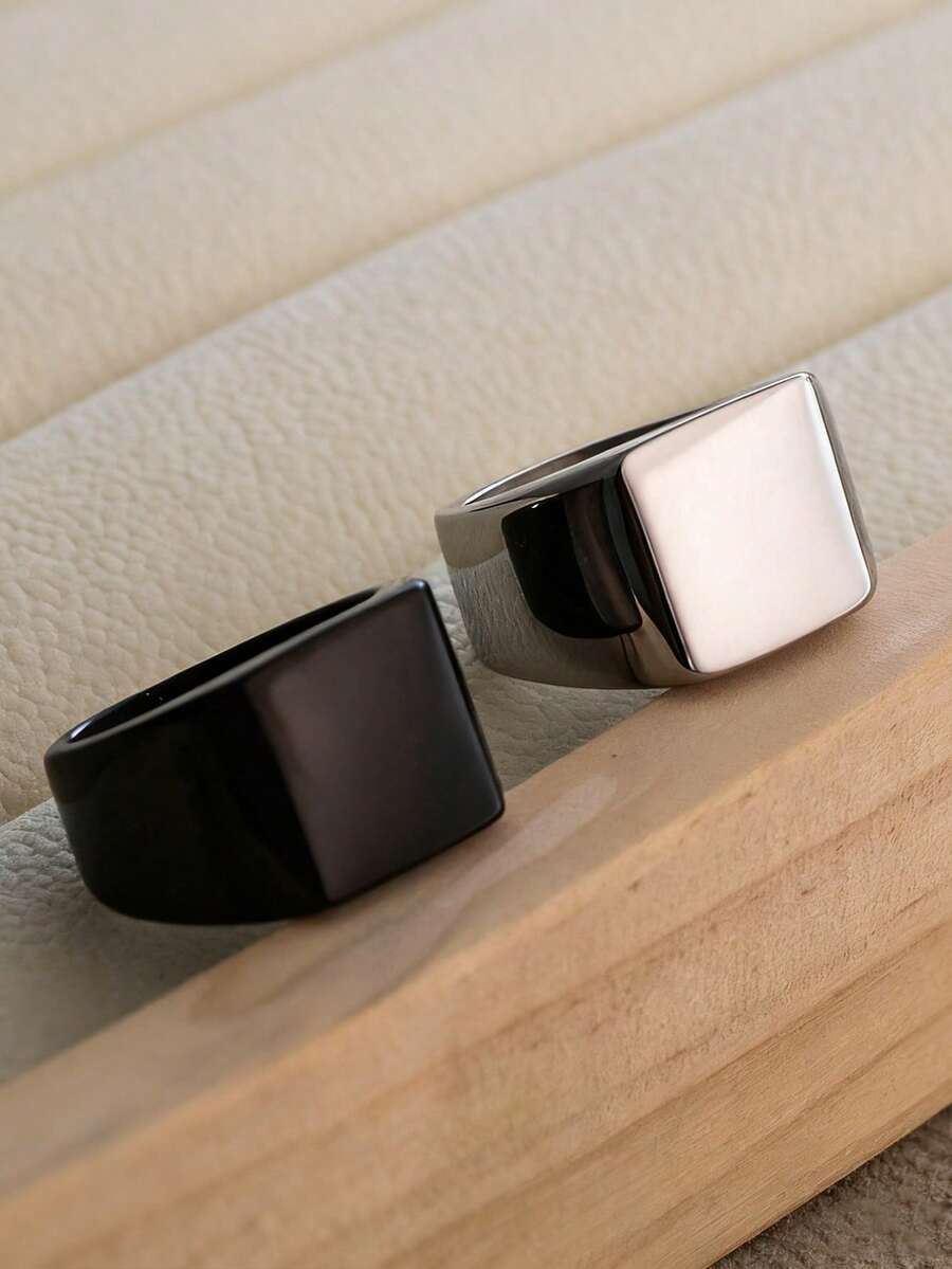 1pc Minimalist Business Style Metal Polished Square Wide Band Fashion Men's Stainless Steel Ring Hip Hop Accessory - Square - View 1