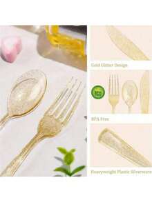 150pcs Transparent & Metallic Shiny Reusable Cutlery Set, Including 50 Knives, 50 Forks, 50 Spoons, Dishwasher , Ideal For Parties/Birthdays/Weddings - Gold - View 3