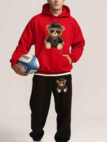 (2PC)Men's Casual Printed Hoodie And Sweatpants Set, Autumn And Winter Men's Sportswear, Men's Fashion  Sportswear Printed Wealthy Teddy Bear - Red - View 3