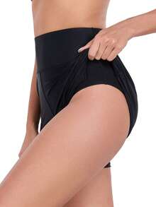 Shorts de baño de cintura alta de 5 pulgadas para mujer, Bottom de bikini de secado rápido con forro - Negro - Ver 13