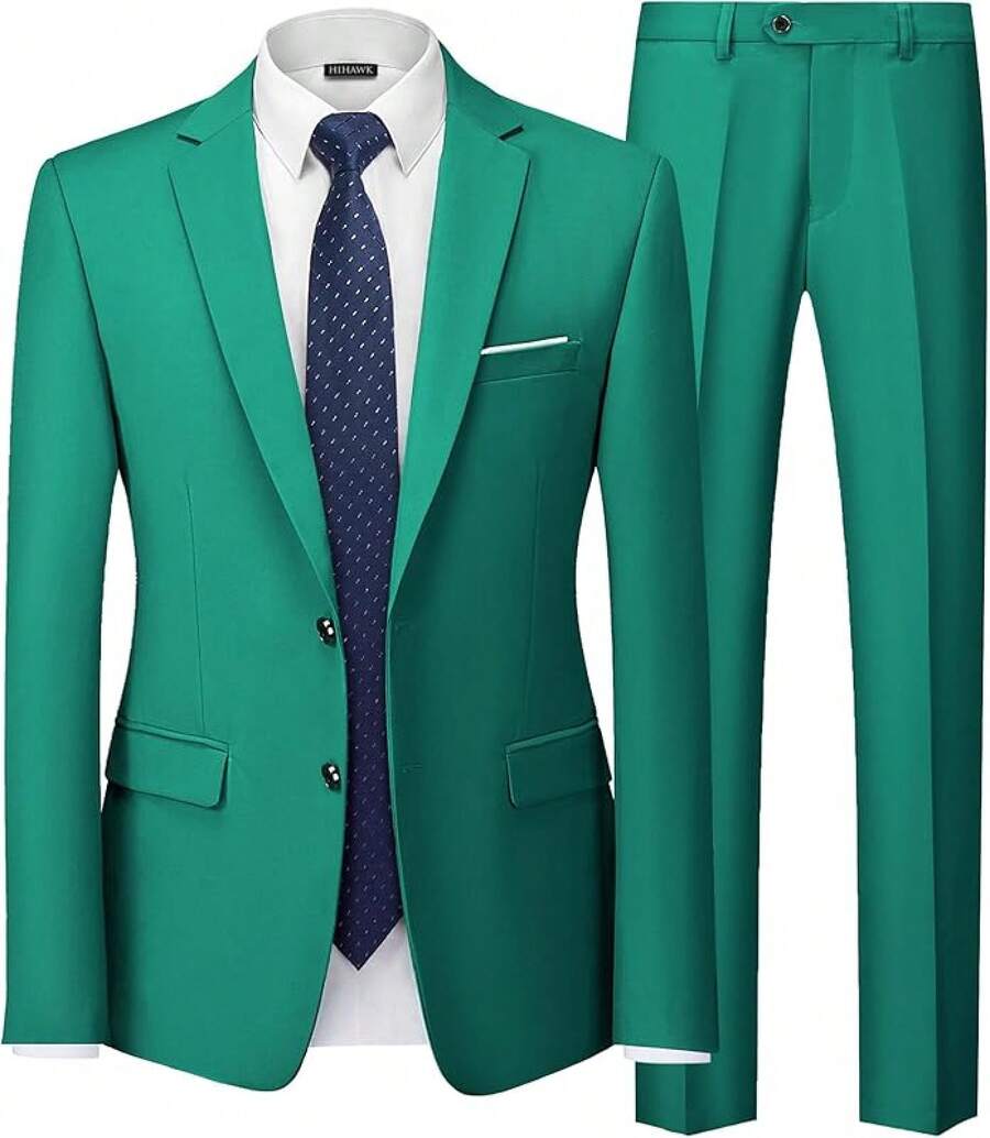 Traje de 2 piezas para hombre Hihawk, conjunto de pantalones sólidos de 2 botones, FGLB Navidad - Verde - Ver 1