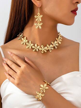 1 Set Elegant Floral Petal Design Necklace, Bracelet, Earrings Jewelry Set, Fashionable & Versatile