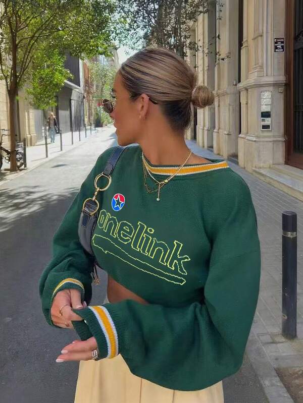 Suéter de punto de manga larga con contraste de color y estampado de letras, estilo deportivo casual de moda Y2K para mujer de talla grande