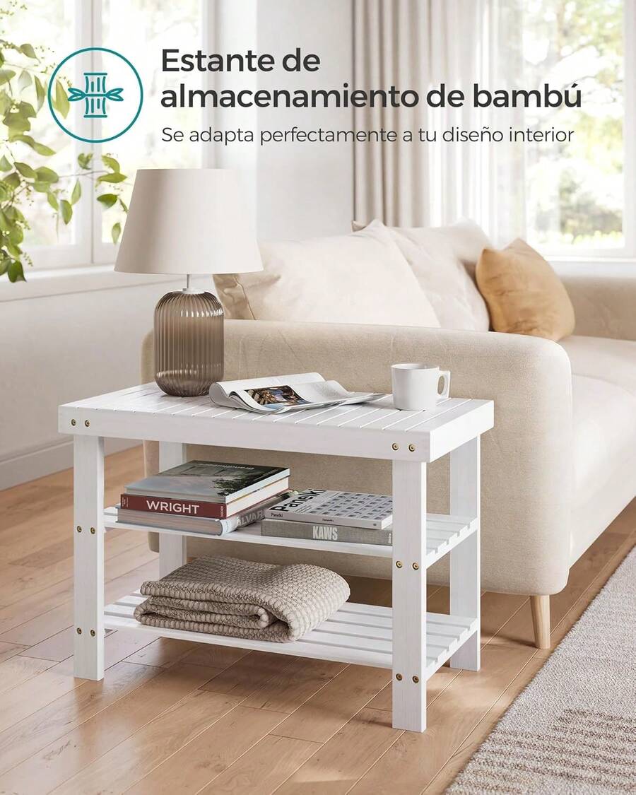 SONGMICS Banco Zapatero, Organizador para Zapatos de Bambú, 28.x 70.1 x 45.3, para Sala de Estar, Dormitorio, Blanco MLBS004W01 - Marrón - Ver 1